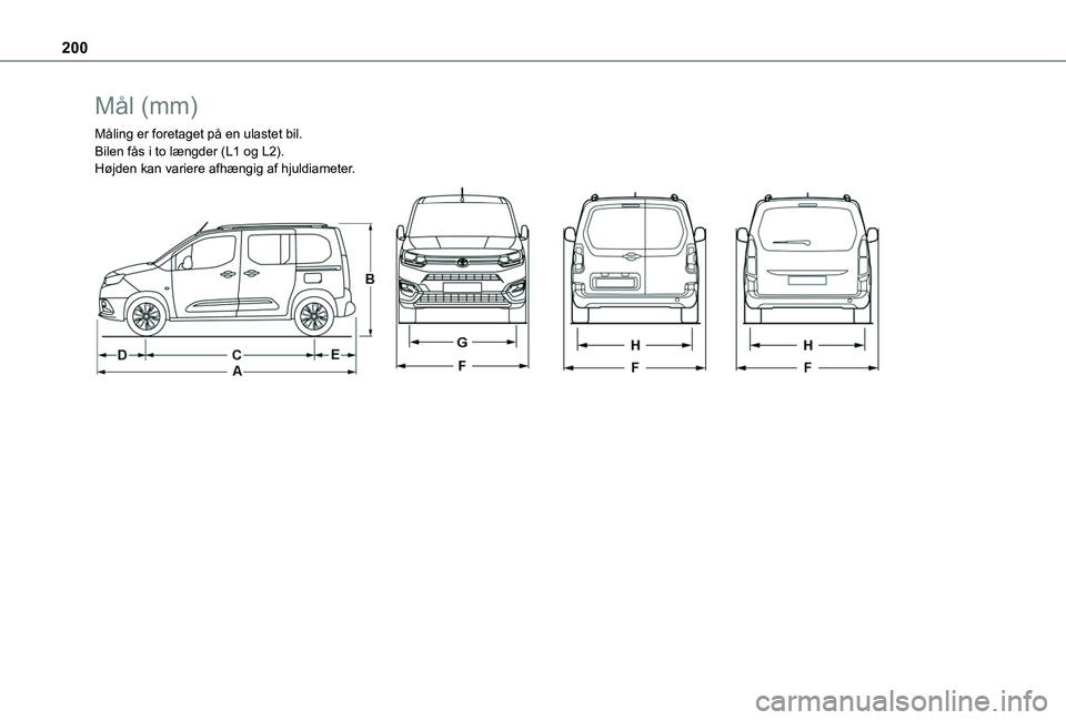 TOYOTA PROACE CITY VERSO 2020  Brugsanvisning (in Danish) 200
Mål (mm)
Måling er foretaget på en ulastet bil.Bilen fås i to længder (L1 og L2).Højden kan variere afhængig af hjuldiameter. 
   