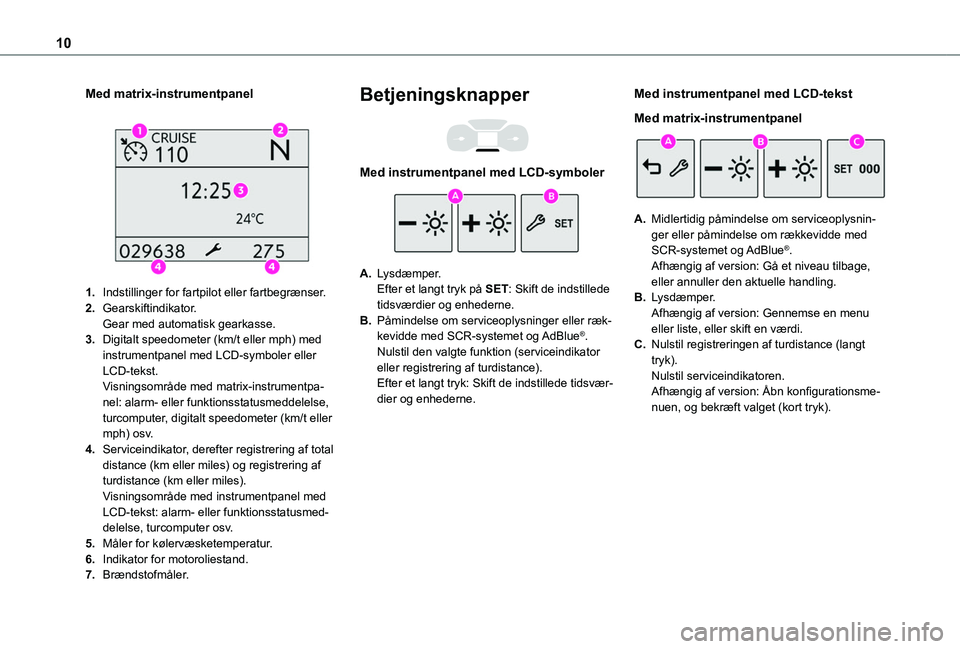 TOYOTA PROACE CITY VERSO 2020  Brugsanvisning (in Danish) 10
Med matrix-instrumentpanel 
 
1.Indstillinger for fartpilot eller fartbegrænser.
2.Gearskiftindikator.Gear med automatisk gearkasse.
3.Digitalt speedometer (km/t eller mph) med instrumentpanel med