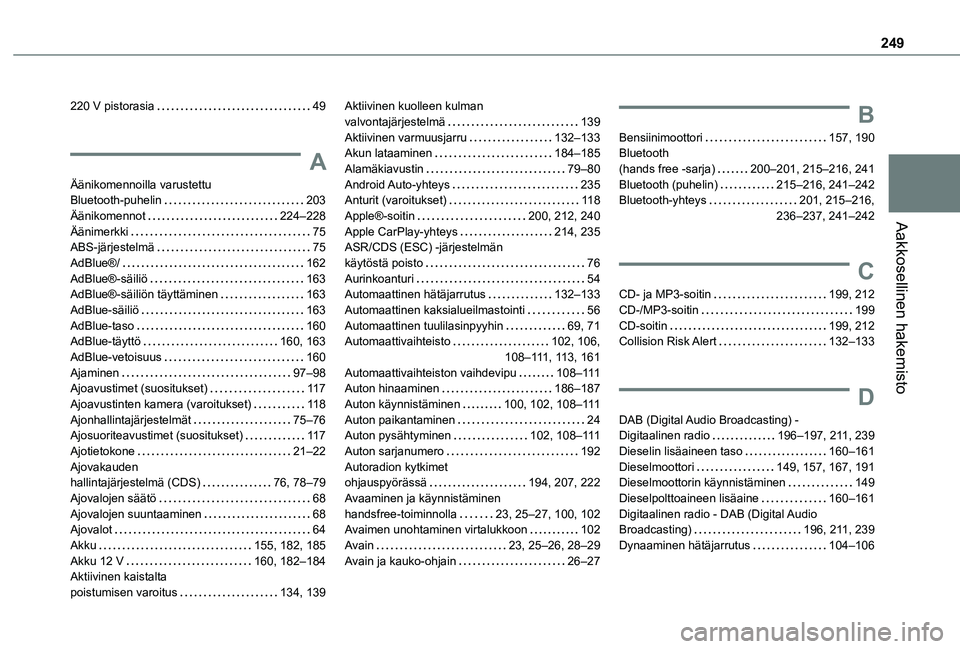 TOYOTA PROACE CITY VERSO 2020 Omistajan Käsikirja (in Finnish) 249
Aakkosellinen hakemisto
220 V pistorasia 49
A
Äänikomennoilla varustettu Bluetooth-puhelin 203Äänikomennot 224–228Äänimerkki 75ABS-järjestelmä 75AdBlue®/ 162AdBlue®-säili TOYOTA PROACE CITY VERSO 2020 Omistajan Käsikirja (in Finnish) 249
Aakkosellinen hakemisto
220 V pistorasia 49
A
Äänikomennoilla varustettu Bluetooth-puhelin 203Äänikomennot 224–228Äänimerkki 75ABS-järjestelmä 75AdBlue®/ 162AdBlue®-säili
