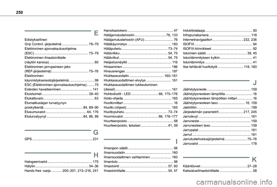 TOYOTA PROACE CITY VERSO 2020 Omistajan Käsikirja (in Finnish) 250
E
Edistyksellinen Grip Control -järjestelmä 78–79Elektroninen ajonvakautusohjelma (ESC) 75–79Elektroninen ilmastointilaite (näytön kanssa) 60Elektroninen jarrupaineen jako (REF-j TOYOTA PROACE CITY VERSO 2020 Omistajan Käsikirja (in Finnish) 250
E
Edistyksellinen Grip Control -järjestelmä 78–79Elektroninen ajonvakautusohjelma (ESC) 75–79Elektroninen ilmastointilaite (näytön kanssa) 60Elektroninen jarrupaineen jako (REF-j
