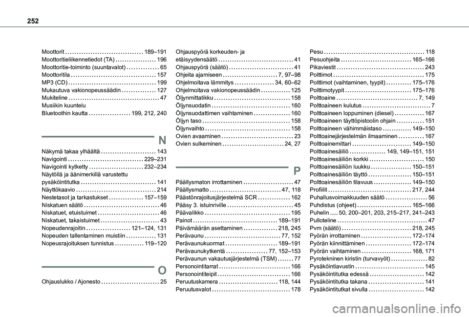 TOYOTA PROACE CITY VERSO 2020 Omistajan Käsikirja (in Finnish) 252
Moottorit 189–191Moottoritieliikennetiedot (TA) 196Moottoritie-toiminto (suuntavalot) 65Moottoritila 157MP3 (CD) 199Mukautuva vakionopeussäädin 127Mukiteline 47Musiikin kuuntelu TOYOTA PROACE CITY VERSO 2020 Omistajan Käsikirja (in Finnish) 252
Moottorit 189–191Moottoritieliikennetiedot (TA) 196Moottoritie-toiminto (suuntavalot) 65Moottoritila 157MP3 (CD) 199Mukautuva vakionopeussäädin 127Mukiteline 47Musiikin kuuntelu