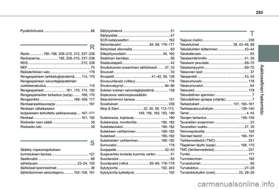 TOYOTA PROACE CITY VERSO 2020 Omistajan Käsikirja (in Finnish) 253
Aakkosellinen hakemisto
Pysäköintivalot 66
R
Radio 195–196, 209–210, 212, 237–238Radioasema 195, 209–210, 237–238RDS 210, 238REF 75Rekisterikilven valo 179Rengaspaineen tar TOYOTA PROACE CITY VERSO 2020 Omistajan Käsikirja (in Finnish) 253
Aakkosellinen hakemisto
Pysäköintivalot 66
R
Radio 195–196, 209–210, 212, 237–238Radioasema 195, 209–210, 237–238RDS 210, 238REF 75Rekisterikilven valo 179Rengaspaineen tar