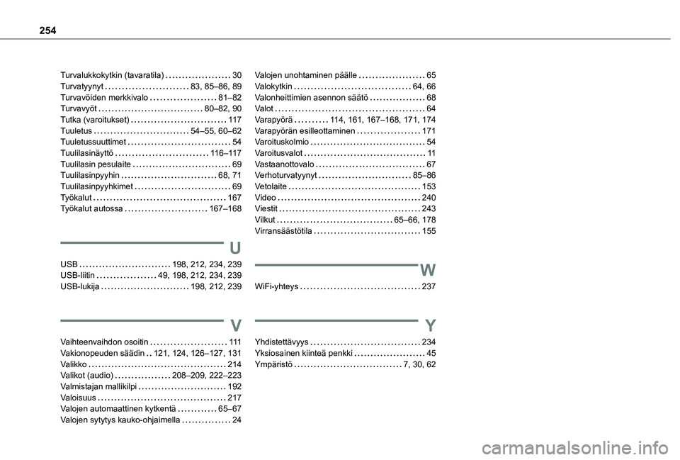 TOYOTA PROACE CITY VERSO 2020 Omistajan Käsikirja (in Finnish) 254
Turvalukkokytkin (tavaratila) 30Turvatyynyt 83, 85–86, 89Turvavöiden merkkivalo 81–82Turvavyöt 80–82, 90Tutka (varoitukset) 11 7Tuuletus 54–55, 60–62Tuuletussuuttimet 54T TOYOTA PROACE CITY VERSO 2020 Omistajan Käsikirja (in Finnish) 254
Turvalukkokytkin (tavaratila) 30Turvatyynyt 83, 85–86, 89Turvavöiden merkkivalo 81–82Turvavyöt 80–82, 90Tutka (varoitukset) 11 7Tuuletus 54–55, 60–62Tuuletussuuttimet 54T