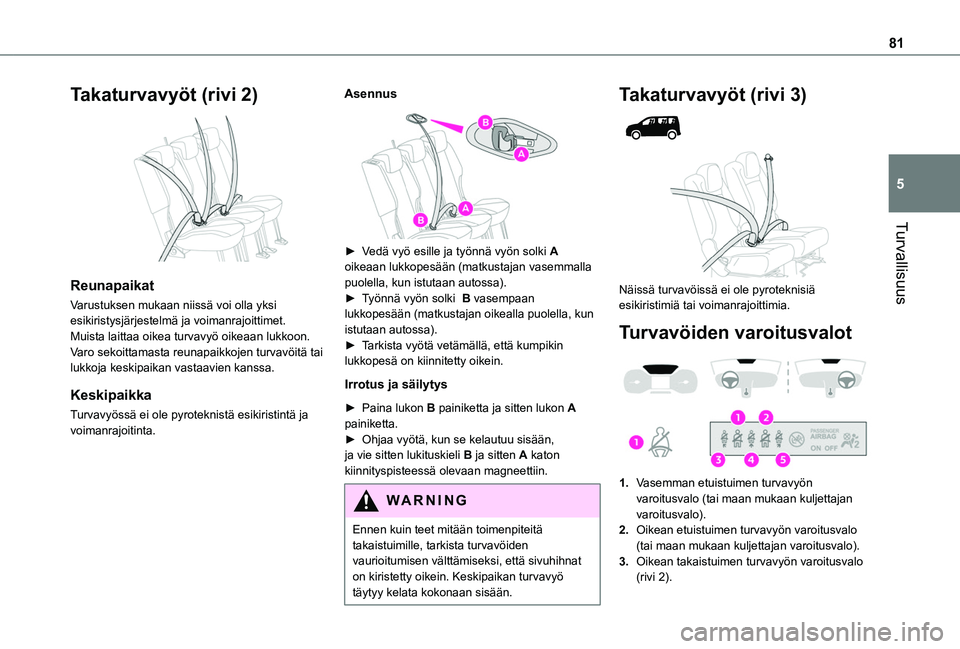 TOYOTA PROACE CITY VERSO 2020 Omistajan Käsikirja (in Finnish) 81
Turvallisuus
5
Takaturvavyöt (rivi 2)
Reunapaikat
Varustuksen mukaan niissä voi olla yksi esikiristysjärjestelmä ja voimanrajoittimet.Muista laittaa oikea turvavyö oikeaan lukkoon.Varo seko TOYOTA PROACE CITY VERSO 2020 Omistajan Käsikirja (in Finnish) 81
Turvallisuus
5
Takaturvavyöt (rivi 2)
Reunapaikat
Varustuksen mukaan niissä voi olla yksi esikiristysjärjestelmä ja voimanrajoittimet.Muista laittaa oikea turvavyö oikeaan lukkoon.Varo seko