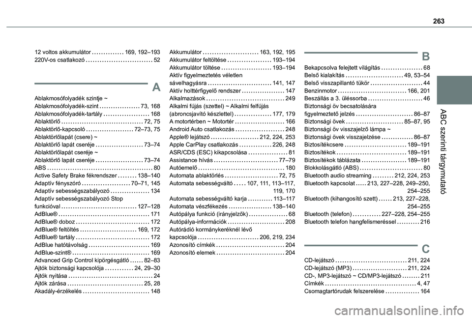 TOYOTA PROACE CITY VERSO 2020 Kezelési útmutató (in Hungarian) 263
ABC szerinti tárgymutató
12 voltos akkumulátor 169, 192–193220V-os csatlakozó 52
A
Ablakmosófolyadék szintje ~ Ablakmosófolyadék-szint 73, 168Ablakmosófolyadék-tartály 168Abla TOYOTA PROACE CITY VERSO 2020 Kezelési útmutató (in Hungarian) 263
ABC szerinti tárgymutató
12 voltos akkumulátor 169, 192–193220V-os csatlakozó 52
A
Ablakmosófolyadék szintje ~ Ablakmosófolyadék-szint 73, 168Ablakmosófolyadék-tartály 168Abla