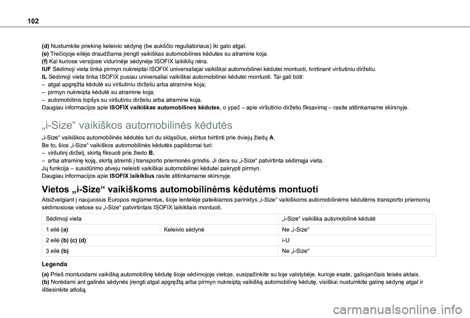 TOYOTA PROACE CITY VERSO 2020 Eksploatavimo vadovas (in Lithuanian) 102
(d) Nustumkite priekinę keleivio sėdynę (be aukščio reguliatoriaus) iki galo atgal.(e) Trečiojoje eilėje draudžiama įrengti vaikiškas automobilines kėdutes su atramine koja.(f) Kai kuri TOYOTA PROACE CITY VERSO 2020 Eksploatavimo vadovas (in Lithuanian) 102
(d) Nustumkite priekinę keleivio sėdynę (be aukščio reguliatoriaus) iki galo atgal.(e) Trečiojoje eilėje draudžiama įrengti vaikiškas automobilines kėdutes su atramine koja.(f) Kai kuri