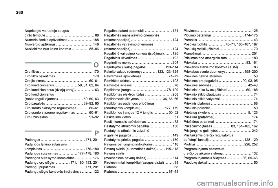 TOYOTA PROACE CITY VERSO 2020 Eksploatavimo vadovas (in Lithuanian) 260
Neprisegto vairuotojo saugos diržo lemputė 88Numerio ženklo apšvietimas 188Nuovargio aptikimas 148Nusileidimo nuo kalno kontrolė 85–86
O
Oro filtras 170Oro filtro pakeitimas 17 TOYOTA PROACE CITY VERSO 2020 Eksploatavimo vadovas (in Lithuanian) 260
Neprisegto vairuotojo saugos diržo lemputė 88Numerio ženklo apšvietimas 188Nuovargio aptikimas 148Nusileidimo nuo kalno kontrolė 85–86
O
Oro filtras 170Oro filtro pakeitimas 17