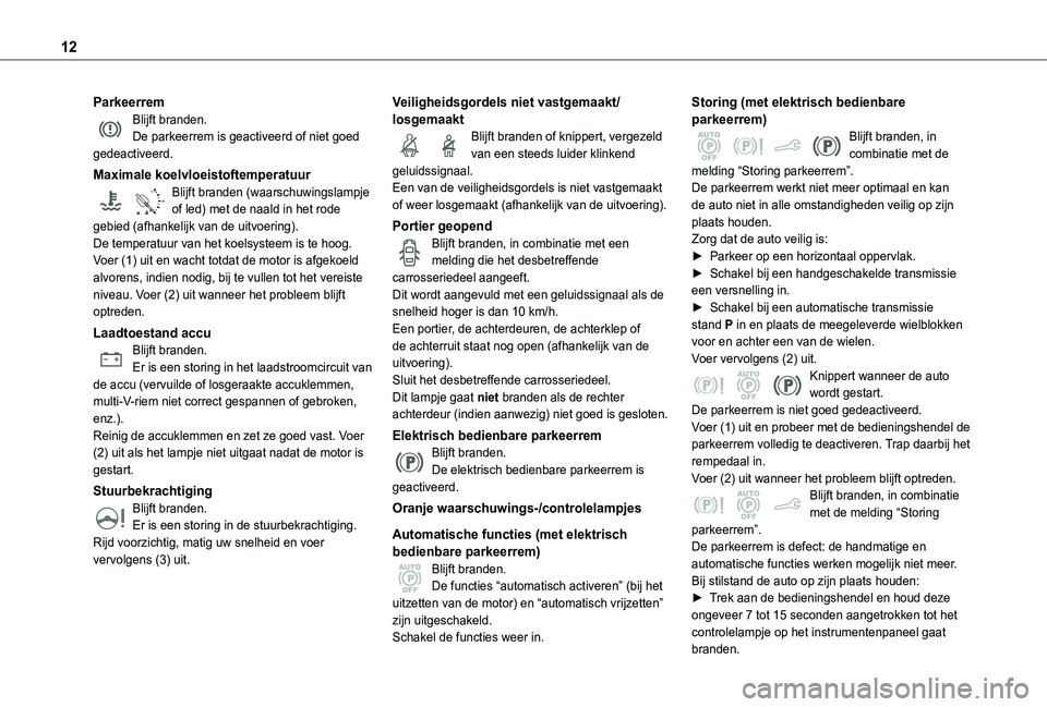 TOYOTA PROACE CITY VERSO 2020 Instructieboekje (in Dutch) 12
ParkeerremBlijft branden.De parkeerrem is geactiveerd of niet goed gedeactiveerd.
Maximale koelvloeistoftemperatuur
90°CBlijft branden (waarschuwingslampje of led) met de naald in het rode gebied TOYOTA PROACE CITY VERSO 2020 Instructieboekje (in Dutch) 12
ParkeerremBlijft branden.De parkeerrem is geactiveerd of niet goed gedeactiveerd.
Maximale koelvloeistoftemperatuur
90°CBlijft branden (waarschuwingslampje of led) met de naald in het rode gebied
