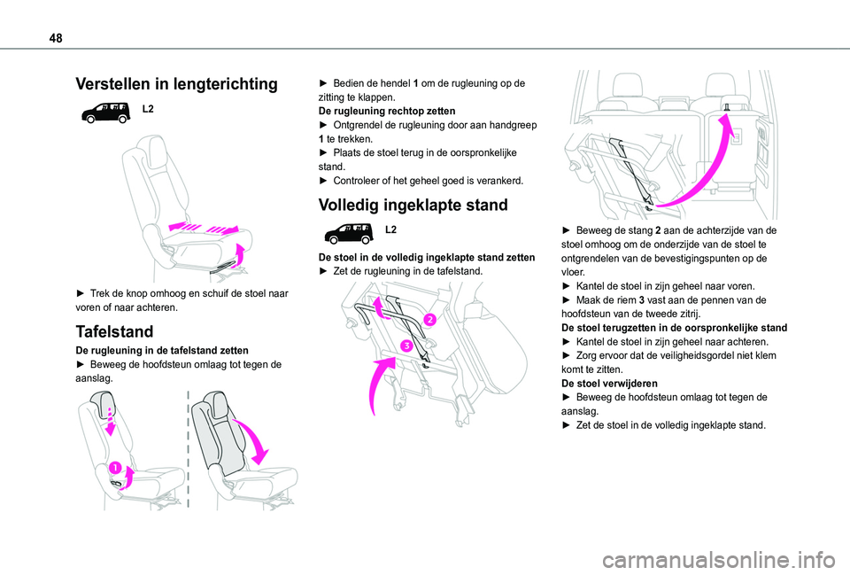 TOYOTA PROACE CITY VERSO 2020 Instructieboekje (in Dutch) 48
Verstellen in lengterichting
L2
► Trek de knop omhoog en schuif de stoel naar voren of naar achteren.
Tafelstand
De rugleuning in de tafelstand zetten► Beweeg de hoofdsteun omlaag tot tege TOYOTA PROACE CITY VERSO 2020 Instructieboekje (in Dutch) 48
Verstellen in lengterichting
L2
► Trek de knop omhoog en schuif de stoel naar voren of naar achteren.
Tafelstand
De rugleuning in de tafelstand zetten► Beweeg de hoofdsteun omlaag tot tege