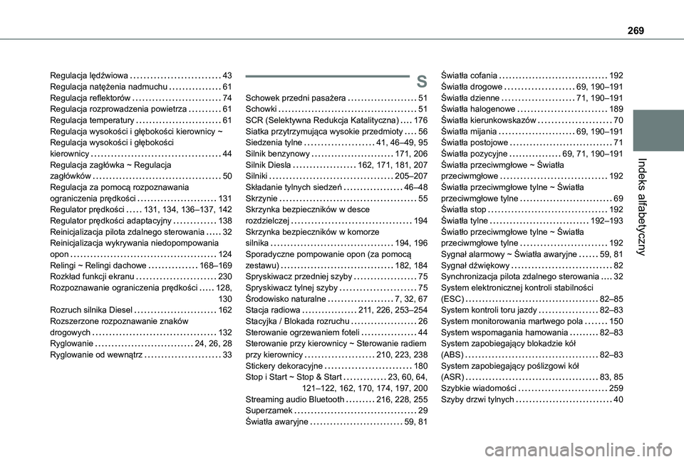 TOYOTA PROACE CITY VERSO 2020 Instrukcja obsługi (in Polish) 269
Indeks alfabetyczny
Regulacja lędźwiowa 43Regulacja natężenia nadmuchu 61Regulacja reflektorów 74Regulacja rozprowadzenia powietrza 61Regulacja temperatury 61Regulacja wysokości i TOYOTA PROACE CITY VERSO 2020 Instrukcja obsługi (in Polish) 269
Indeks alfabetyczny
Regulacja lędźwiowa 43Regulacja natężenia nadmuchu 61Regulacja reflektorów 74Regulacja rozprowadzenia powietrza 61Regulacja temperatury 61Regulacja wysokości i