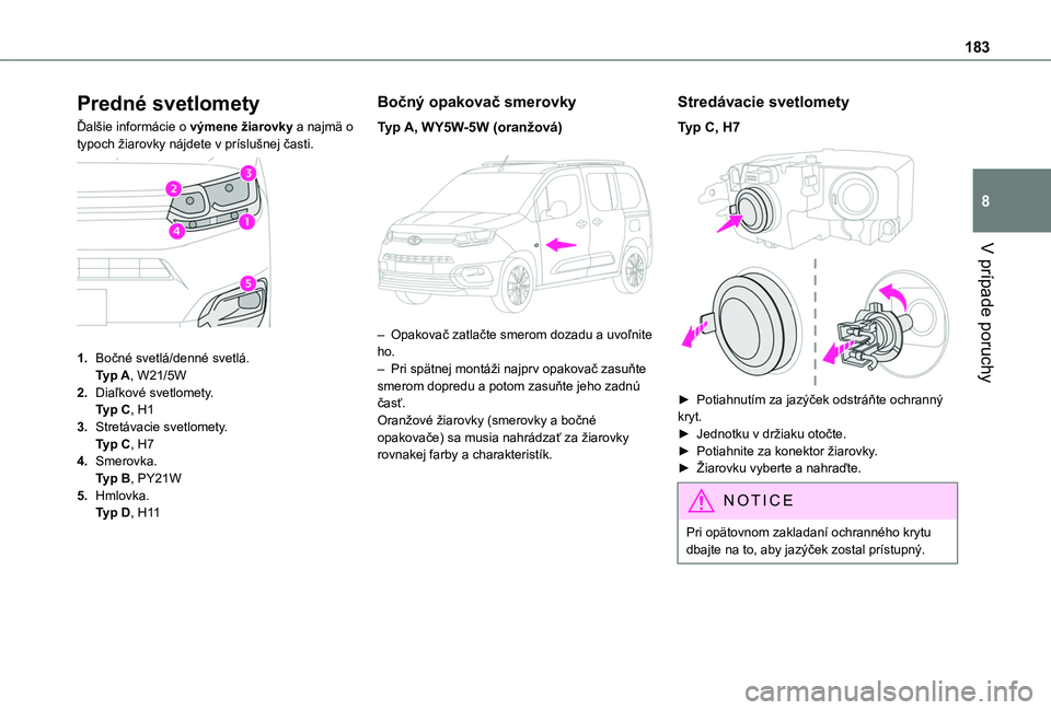 TOYOTA PROACE CITY VERSO 2020  Návod na použitie (in Slovakian) 183
V prípade poruchy
8
Predné svetlomety
Ďalšie informácie o výmene žiarovky a najmä o typoch žiarovky nájdete v príslušnej časti. 
 
1.Bočné svetlá/denné svetlá.Typ A, W21/5W
2.Dia