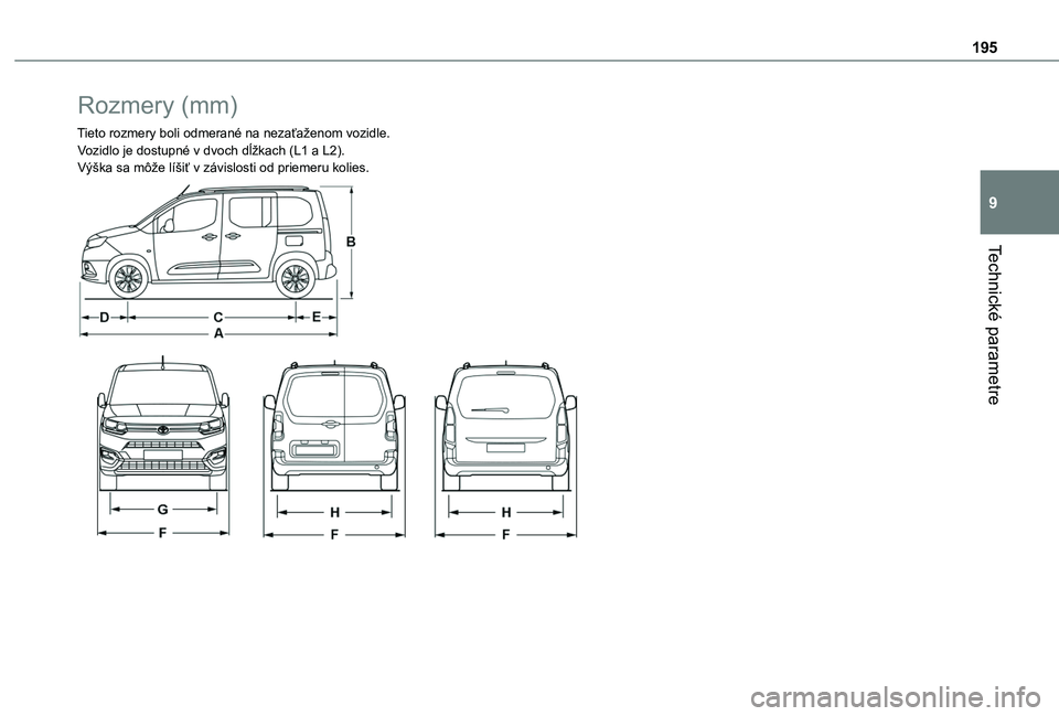 TOYOTA PROACE CITY VERSO 2020  Návod na použitie (in Slovakian) 195
Technické parametre
9
Rozmery (mm)
Tieto rozmery boli odmerané na nezaťaženom vozidle.Vozidlo je dostupné v dvoch dĺžkach (L1 a L2).Výška sa môže líšiť v závislosti od priemeru koli