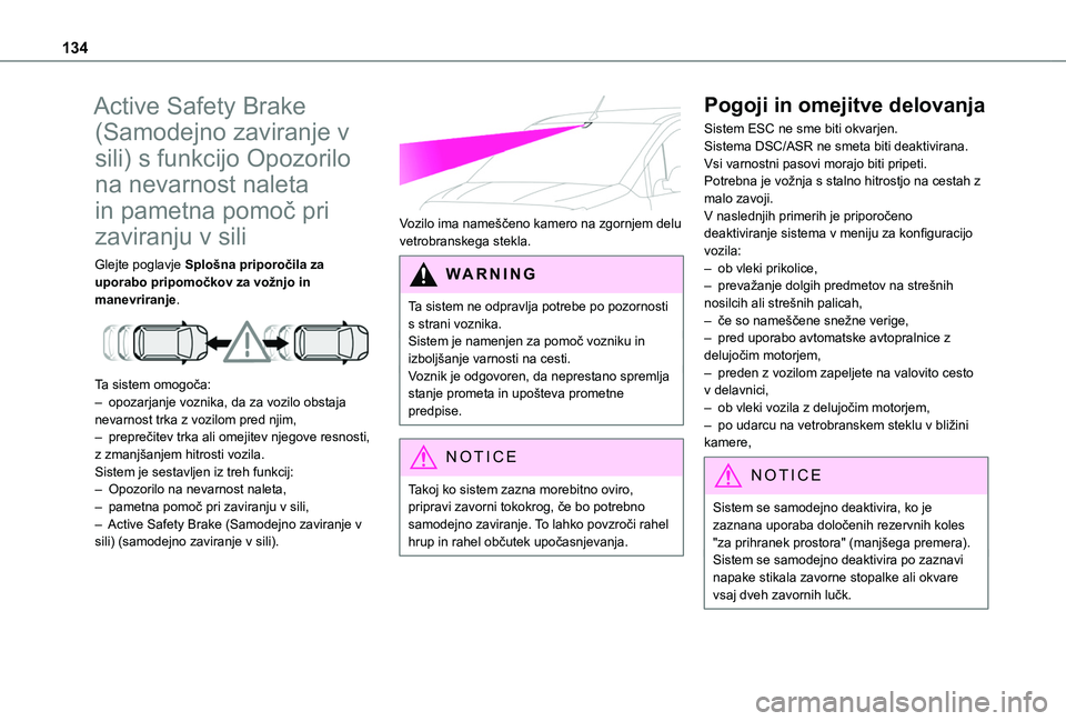 TOYOTA PROACE CITY VERSO 2020  Navodila Za Uporabo (in Slovenian) 134
Active Safety Brake 
(Samodejno zaviranje v 
sili) s funkcijo Opozorilo 
na nevarnost naleta 
in pametna pomoč pri 
zaviranju v sili
Glejte poglavje Splošna priporočila za uporabo pripomočkov 