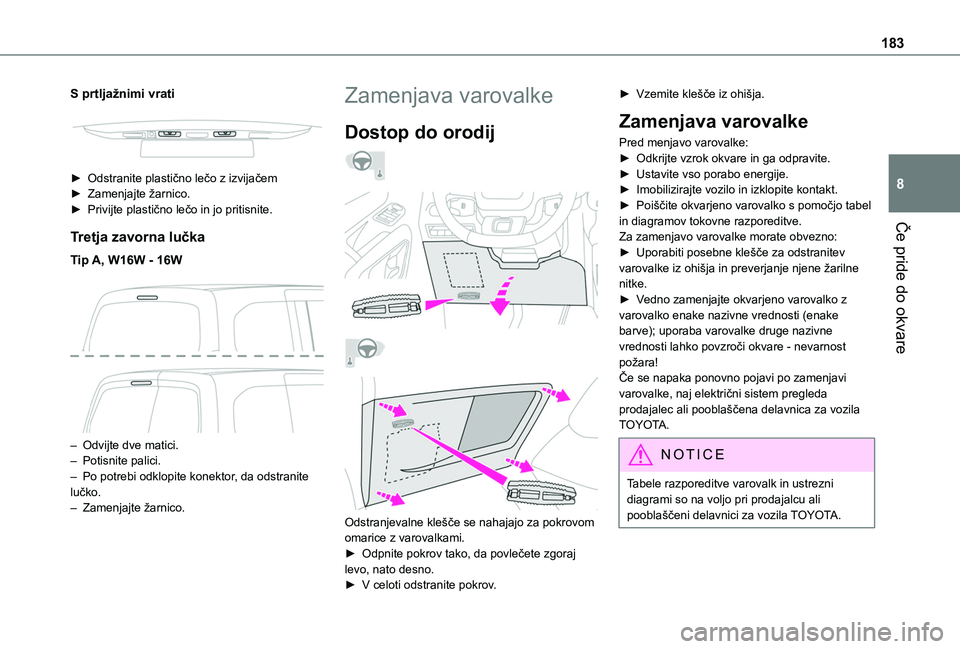 TOYOTA PROACE CITY VERSO 2020  Navodila Za Uporabo (in Slovenian) 183
Če pride do okvare
8
S prtljažnimi vrati
 
 
► Odstranite plastično lečo z izvijačem► Zamenjajte žarnico.► Privijte plastično lečo in jo pritisnite.
Tretja zavorna lučka
Tip A, W16W