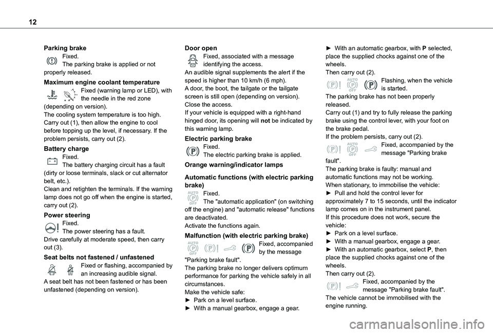TOYOTA PROACE CITY VERSO 2021  Owners Manual 12
Parking brakeFixed.The parking brake is applied or not properly released.
Maximum engine coolant temperature
90°CFixed (warning lamp or LED), with the needle in the red zone (depending on version)