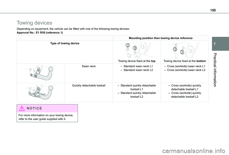 TOYOTA PROACE CITY VERSO 2021  Owners Manual 155
Practical information
7
Towing devices
Depending on equipment, the vehicle can be fitted with one of the following towing devices:Approval No.: E1 R55 (reference 1)
Mounting position then towing d