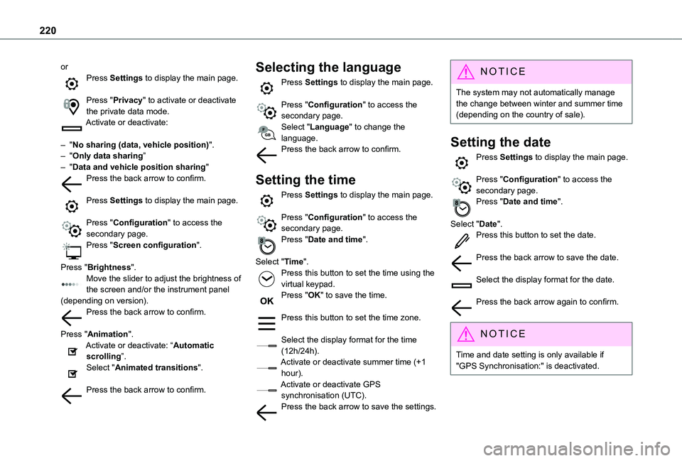 TOYOTA PROACE CITY VERSO 2021 Owners Manual 220
orPress Settings to display the main page.
Press "Privacy" to activate or deactivate the private data mode.Activate or deactivate:
– "No sharing (data, vehicle position)".– & TOYOTA PROACE CITY VERSO 2021 Owners Manual 220
orPress Settings to display the main page.
Press "Privacy" to activate or deactivate the private data mode.Activate or deactivate:
– "No sharing (data, vehicle position)".– &
