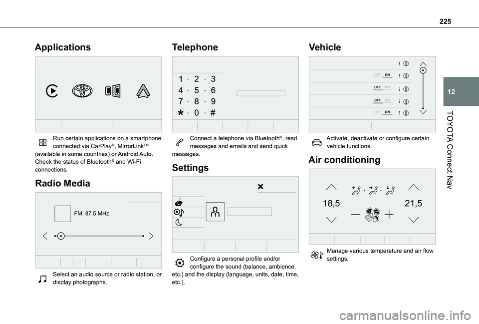 TOYOTA PROACE CITY VERSO 2021  Owners Manual 225
TOYOTA Connect Nav
12
Applications 
 
Run certain applications on a smartphone connected via CarPlay®, MirrorLinkTM (available in some countries) or Android Auto.Check the status of Bluetooth® a
