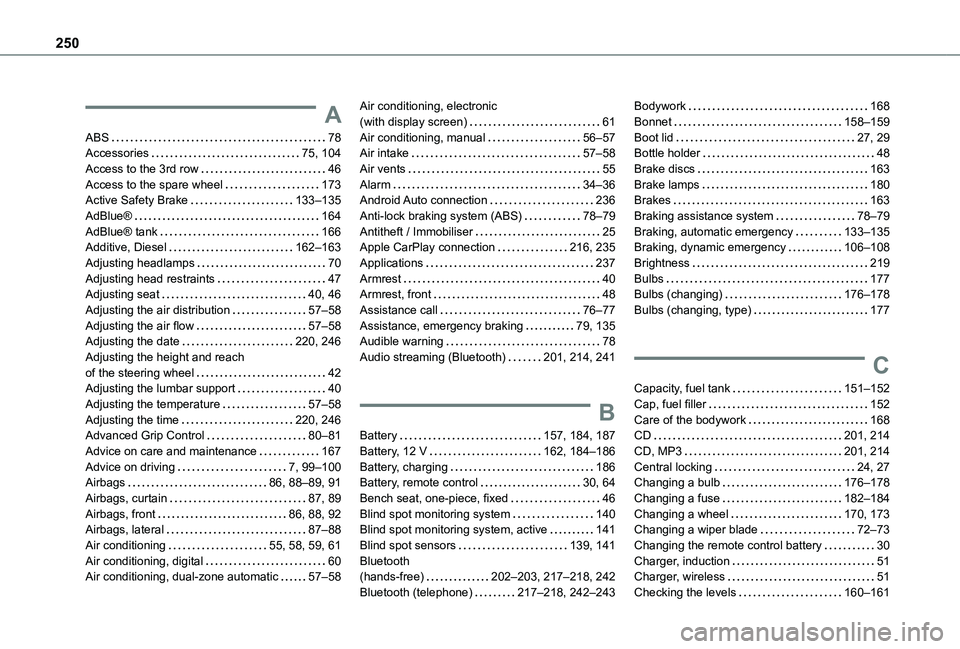 TOYOTA PROACE CITY VERSO 2021 Owners Manual 250
A
ABS 78Accessories 75, 104Access to the 3rd row 46Access to the spare wheel 173Active Safety Brake 133–135AdBlue® 164AdBlue® tank 166Additive, Diesel 162–163Adjusting headla TOYOTA PROACE CITY VERSO 2021 Owners Manual 250
A
ABS 78Accessories 75, 104Access to the 3rd row 46Access to the spare wheel 173Active Safety Brake 133–135AdBlue® 164AdBlue® tank 166Additive, Diesel 162–163Adjusting headla