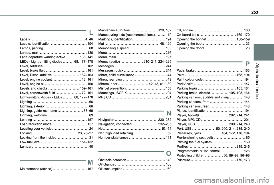 TOYOTA PROACE CITY VERSO 2021 Owners Manual 253
Alphabetical index
L
Labels 4, 46Labels, identification 194Lamps, parking 68Lamps, rear 180Lane departure warning active 136, 141LEDs - Light-emitting diodes 68, 177–178Level, AdBlue TOYOTA PROACE CITY VERSO 2021 Owners Manual 253
Alphabetical index
L
Labels 4, 46Labels, identification 194Lamps, parking 68Lamps, rear 180Lane departure warning active 136, 141LEDs - Light-emitting diodes 68, 177–178Level, AdBlue