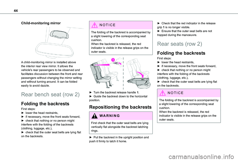 TOYOTA PROACE CITY VERSO 2021 Owners Manual 44
Child-monitoring mirror
A child-monitoring mirror is installed above the interior rear view mirror. It allows the vehicle's rear passengers to be observed and facilitates discussion between TOYOTA PROACE CITY VERSO 2021 Owners Manual 44
Child-monitoring mirror
A child-monitoring mirror is installed above the interior rear view mirror. It allows the vehicle's rear passengers to be observed and facilitates discussion between