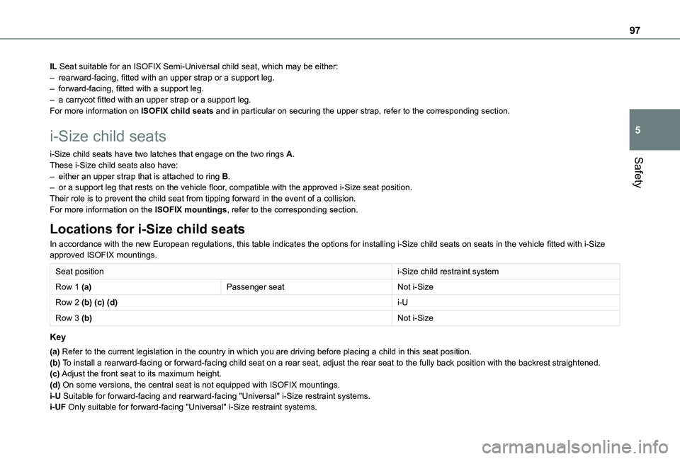 TOYOTA PROACE CITY VERSO 2021 Owners Manual 97
Safety
5
IL Seat suitable for an ISOFIX Semi-Universal child seat, which may be eit\
her:– rearward-facing, fitted with an upper strap or a support leg.– forward-facing, fitted with a support l TOYOTA PROACE CITY VERSO 2021 Owners Manual 97
Safety
5
IL Seat suitable for an ISOFIX Semi-Universal child seat, which may be eit\
her:– rearward-facing, fitted with an upper strap or a support leg.– forward-facing, fitted with a support l
