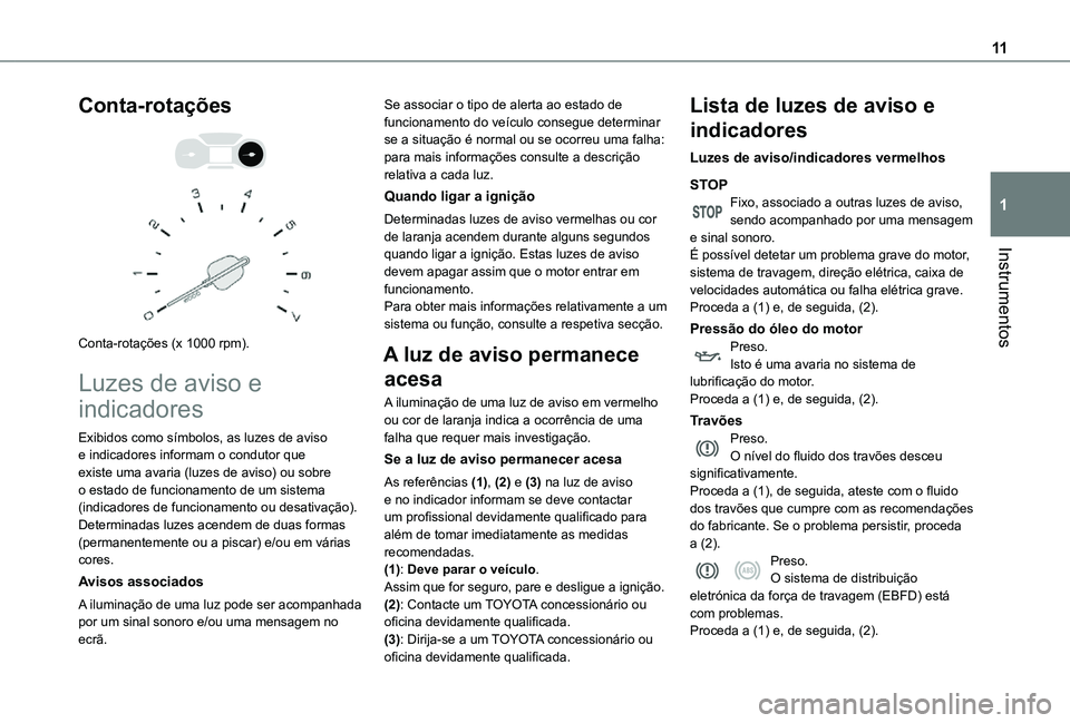 TOYOTA PROACE CITY VERSO 2021  Manual de utilização (in Portuguese) 11
Instrumentos
1
Conta-rotações 
  
 
Conta-rotações (x 1000 rpm).
Luzes de aviso e 
indicadores
Exibidos como símbolos, as luzes de aviso e indicadores informam o condutor que existe uma avaria