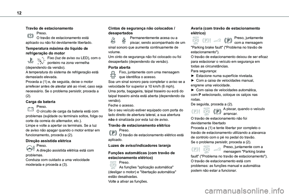 TOYOTA PROACE CITY VERSO 2021  Manual de utilização (in Portuguese) 12
Travão de estacionamentoPreso.O travão de estacionamento está aplicado ou não foi devidamente libertado. 
Temperatura máxima do líquido de refrigeração do motor
90°CFixo (luz de aviso ou L