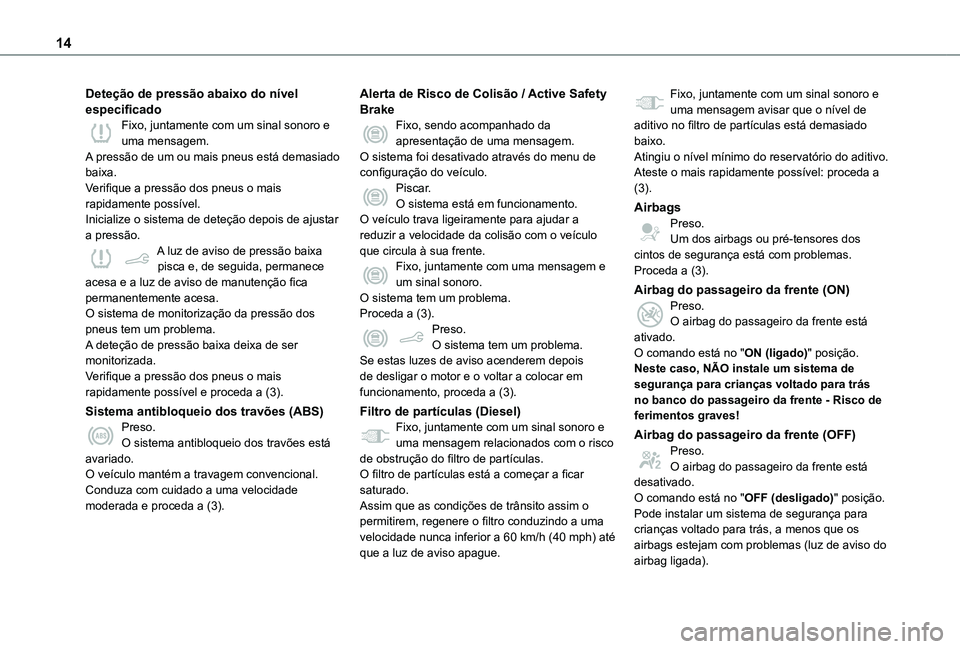 TOYOTA PROACE CITY VERSO 2021  Manual de utilização (in Portuguese) 14
Deteção de pressão abaixo do nível especificadoFixo, juntamente com um sinal sonoro e uma mensagem.A pressão de um ou mais pneus está demasiado baixa.Verifique a pressão dos pneus o mais rap