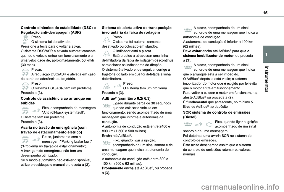 TOYOTA PROACE CITY VERSO 2021  Manual de utilização (in Portuguese) 15
Instrumentos
1
Controlo dinâmico de estabilidade (DSC) e Regulação anti-derrapagem (ASR)Preso.O sistema foi desativado.Pressione a tecla para o voltar a ativar.O sistema DSC/ASR é ativado autom