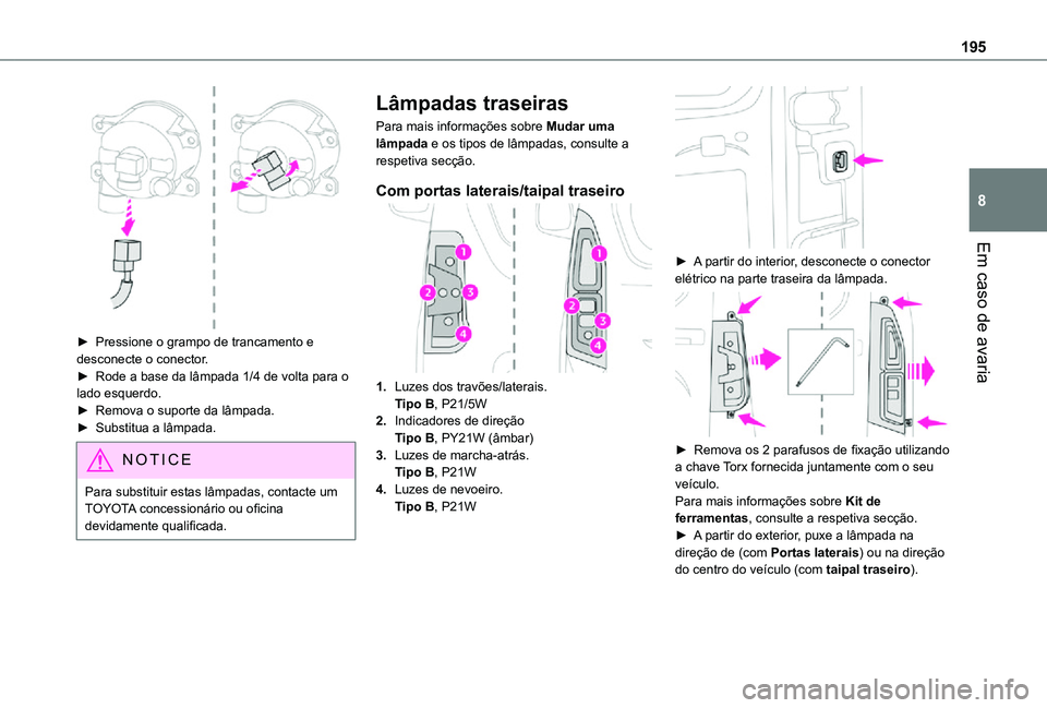 TOYOTA PROACE CITY VERSO 2021  Manual de utilização (in Portuguese) 195
Em caso de avaria
8
 
► Pressione o grampo de trancamento e desconecte o conector. ► Rode a base da lâmpada 1/4 de volta para o lado esquerdo.► Remova o suporte da lâmpada.► Substitua a 