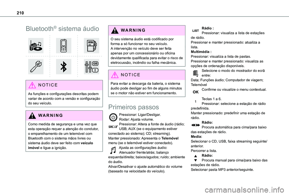 TOYOTA PROACE CITY VERSO 2021  Manual de utilização (in Portuguese) 210
Bluetooth® sistema áudio 
 
NOTIC E
As funções e configurações descritas podem variar de acordo com a versão e configuração do seu veículo.
WARNI NG
Como medida de segurança e uma vez q
