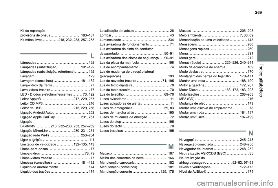 TOYOTA PROACE CITY VERSO 2021  Manual de utilização (in Portuguese) 269
Índice alfabético
Kit de reparação  provisória de pneus   183–187Kit mãos livres   218, 232–233, 257–258
L
Lâmpadas   192Lâmpadas (substituição)   191–192Lâmpadas (substituiçã