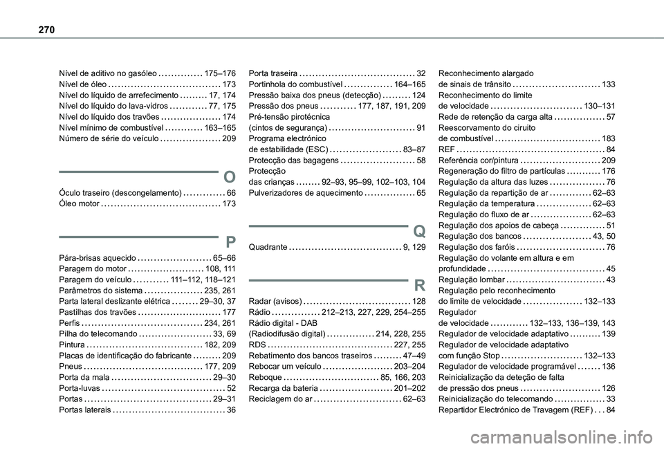 TOYOTA PROACE CITY VERSO 2021  Manual de utilização (in Portuguese) 270
Nível de aditivo no gasóleo   175–176Nível de óleo   173Nível do líquido de arrefecimento   17, 174Nível do líquido do lava-vidros   77, 175Nível do líquido dos travões   174Nível m