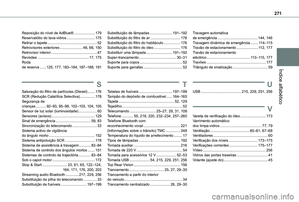 TOYOTA PROACE CITY VERSO 2021  Manual de utilização (in Portuguese) 271
Índice alfabético
Reposição do nível de AdBlue®   179Reservatótio do lava-vidros   175Retirar o tapete   52Retrovisores exteriores   46, 66, 150Retrovisor interior   47Revisões    17, 175R