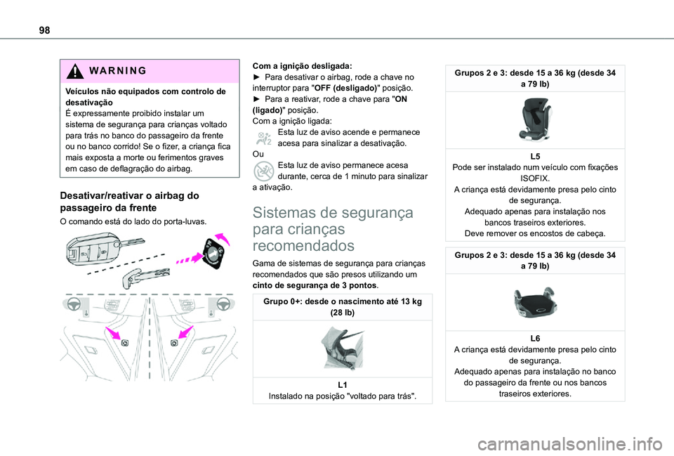TOYOTA PROACE CITY VERSO 2021  Manual de utilização (in Portuguese) 98
WARNI NG
Veículos não equipados com controlo de desativaçãoÉ expressamente proibido instalar um sistema de segurança para crianças voltado para trás no banco do passageiro da frente ou no b