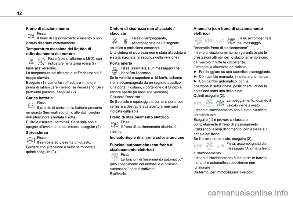 TOYOTA PROACE CITY VERSO 2021  Manuale duso (in Italian) 12
Freno di stazionamentoFissa.Il freno di stazionamento è inserito o non è stato rilasciato correttamente.
Temperatura massima del liquido di raffreddamento del motore
90°CFissa (spia di allarme o