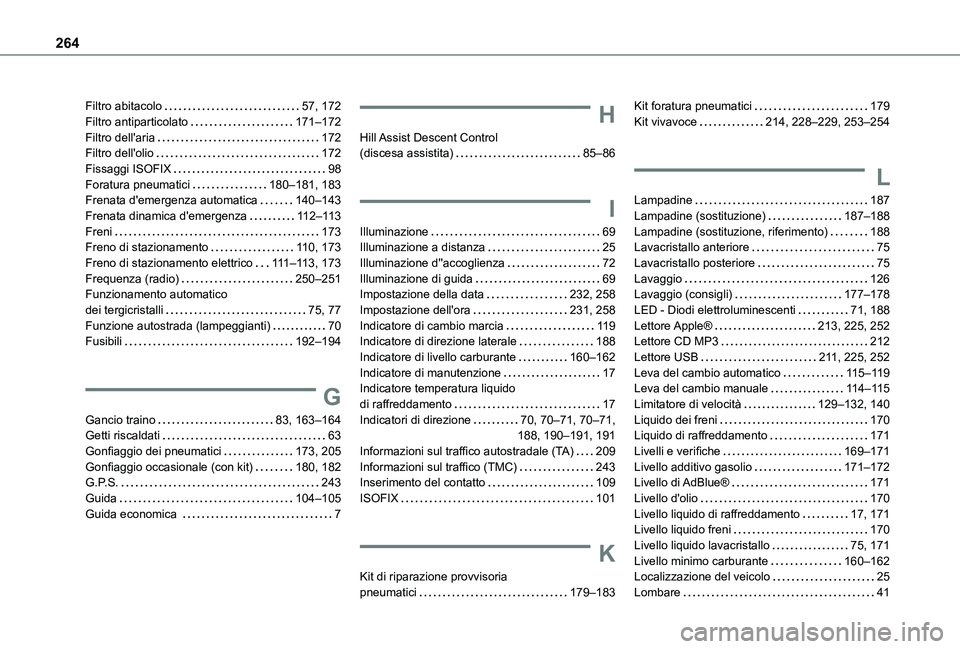 TOYOTA PROACE CITY VERSO 2021 Manuale duso (in Italian) 264
Filtro abitacolo 57, 172Filtro antiparticolato 171–172Filtro dell'aria 172Filtro dell'olio 172Fissaggi ISOFIX 98Foratura pneumatici 180–181, 183Frenata d'emergenza auto TOYOTA PROACE CITY VERSO 2021 Manuale duso (in Italian) 264
Filtro abitacolo 57, 172Filtro antiparticolato 171–172Filtro dell'aria 172Filtro dell'olio 172Fissaggi ISOFIX 98Foratura pneumatici 180–181, 183Frenata d'emergenza auto