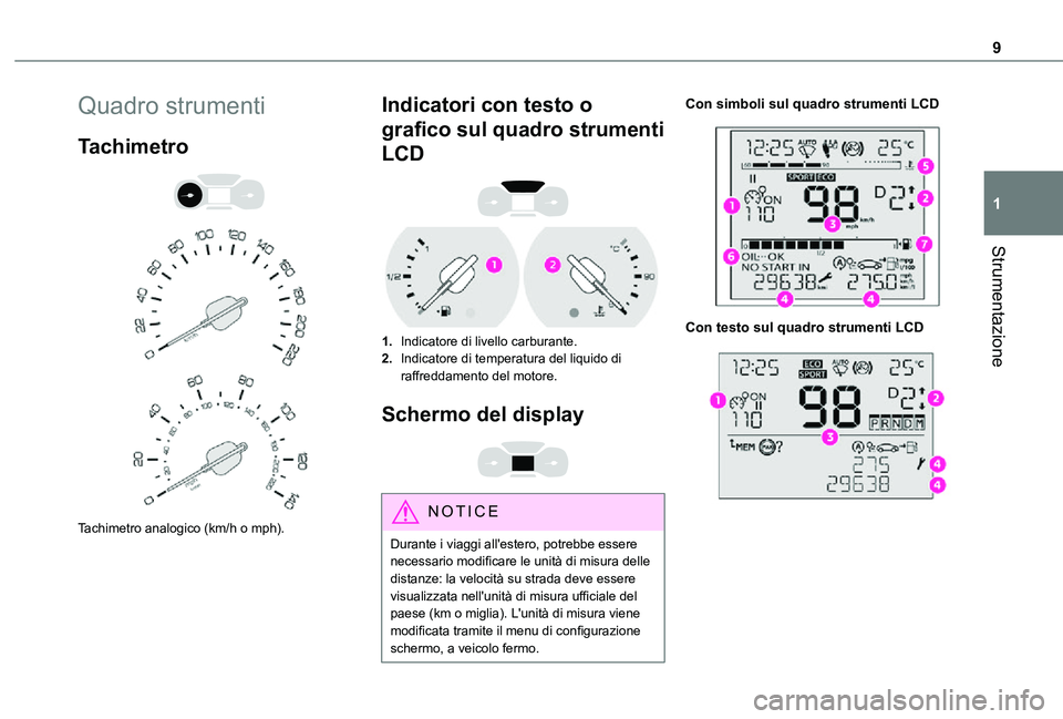 TOYOTA PROACE CITY VERSO 2021  Manuale duso (in Italian) 9
Strumentazione
1
Quadro strumenti
Tachimetro 
  
 
Tachimetro analogico (km/h o mph).
Indicatori con testo o 
grafico sul quadro strumenti 
LCD 
 
1.Indicatore di livello carburante.
2.Indicatore di