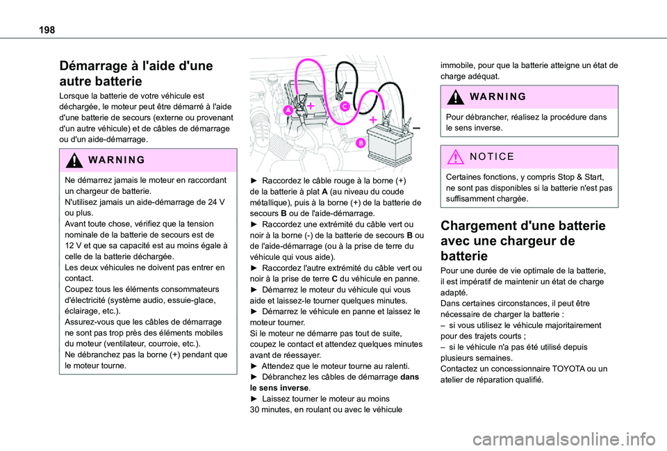 TOYOTA PROACE CITY VERSO 2021 Notices Demploi (in French) 198
Démarrage à l'aide d'une
autre batterie
Lorsque la batterie de votre véhicule est déchargée, le moteur peut être démarré à l'aide d'une batterie de secours (externe ou pr TOYOTA PROACE CITY VERSO 2021 Notices Demploi (in French) 198
Démarrage à l'aide d'une
autre batterie
Lorsque la batterie de votre véhicule est déchargée, le moteur peut être démarré à l'aide d'une batterie de secours (externe ou pr