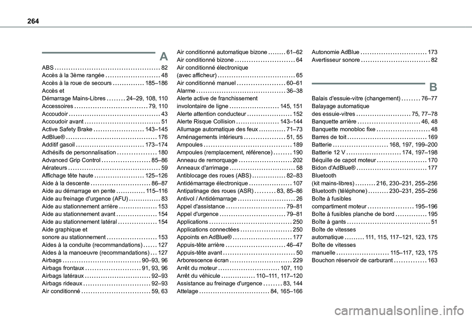 TOYOTA PROACE CITY VERSO 2021 Notices Demploi (in French) 264
A
ABS 82Accès à la 3ème rangée 48Accès à la roue de secours 185–186Accès et Démarrage Mains-Libres 24–29, 108, 11 0Accessoires 79, 11 0Accoudoir 43Accoudoir avant 51Acti TOYOTA PROACE CITY VERSO 2021 Notices Demploi (in French) 264
A
ABS 82Accès à la 3ème rangée 48Accès à la roue de secours 185–186Accès et Démarrage Mains-Libres 24–29, 108, 11 0Accessoires 79, 11 0Accoudoir 43Accoudoir avant 51Acti