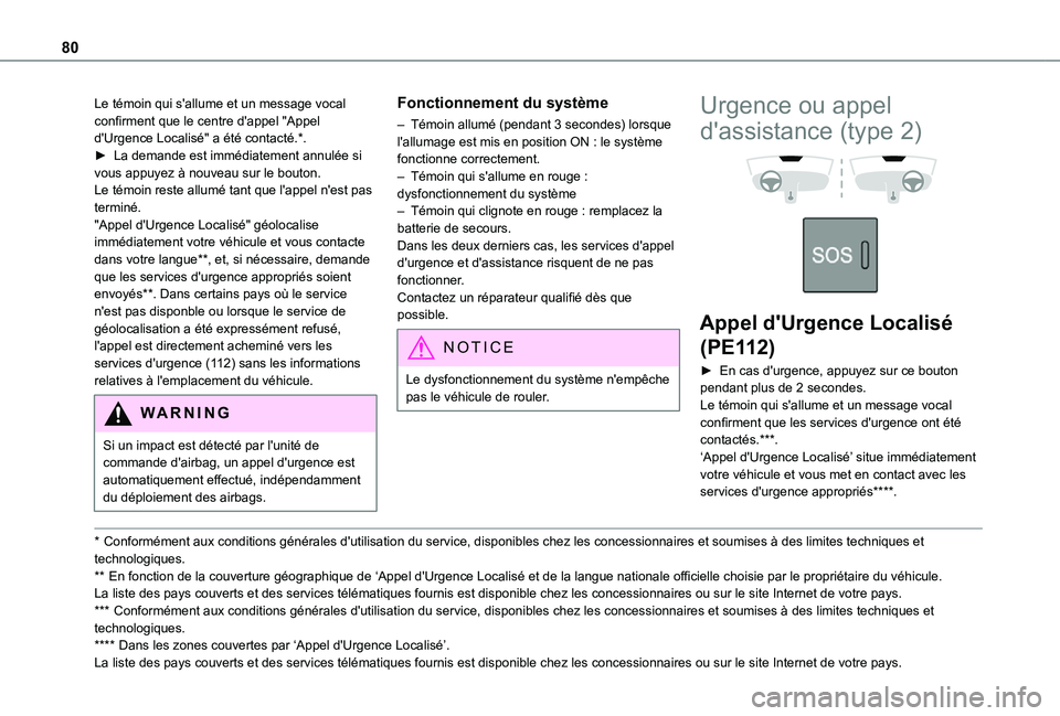 TOYOTA PROACE CITY VERSO 2021 Notices Demploi (in French) 80
Le témoin qui s'allume et un message vocal confirment que le centre d'appel "Appel d'Urgence Localisé" a été contacté.*.► La demande est immédiatement annulée si vous a TOYOTA PROACE CITY VERSO 2021 Notices Demploi (in French) 80
Le témoin qui s'allume et un message vocal confirment que le centre d'appel "Appel d'Urgence Localisé" a été contacté.*.► La demande est immédiatement annulée si vous a