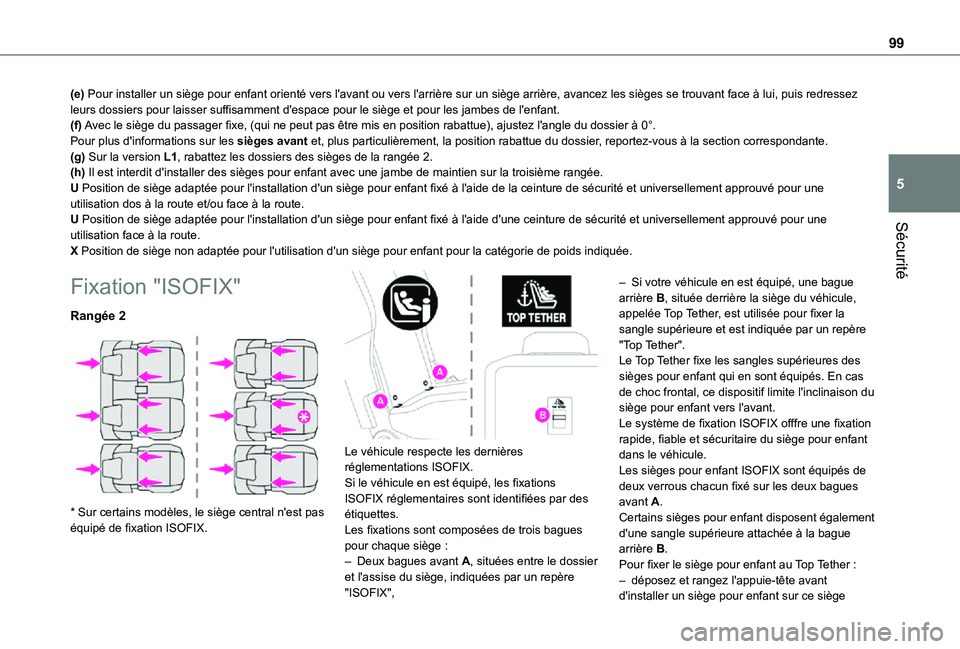 TOYOTA PROACE CITY VERSO 2021 Notices Demploi (in French) 99
Sécurité
5
(e) Pour installer un siège pour enfant orienté vers l'avant ou vers \
l'arrière sur un siège arrière, avancez les sièges se trouva\
nt face à lui, puis redressez leurs TOYOTA PROACE CITY VERSO 2021 Notices Demploi (in French) 99
Sécurité
5
(e) Pour installer un siège pour enfant orienté vers l'avant ou vers \
l'arrière sur un siège arrière, avancez les sièges se trouva\
nt face à lui, puis redressez leurs