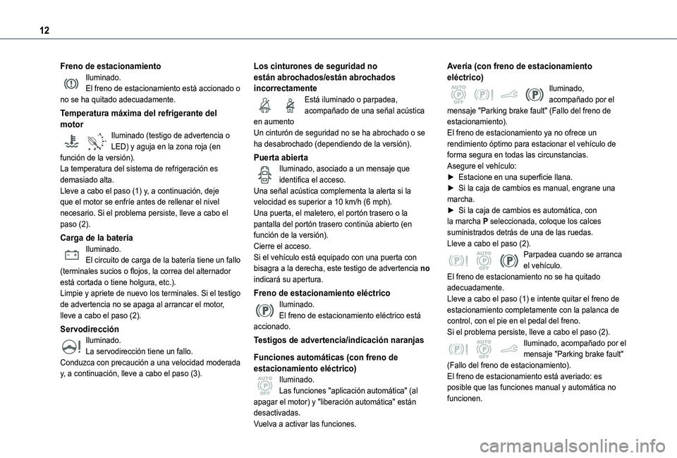 TOYOTA PROACE CITY VERSO 2021  Manuale de Empleo (in Spanish) 12
Freno de estacionamientoIluminado.El freno de estacionamiento está accionado o no se ha quitado adecuadamente.
Temperatura máxima del refrigerante del motor
90°CIluminado (testigo de advertencia