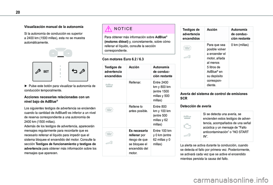 TOYOTA PROACE CITY VERSO 2021  Manuale de Empleo (in Spanish) 20
Visualización manual de la autonomía
Si la autonomía de conducción es superior a 2400 km (1500 millas), esta no se muestra automáticamente. 
  
 
► Pulse este botón para visualizar la auton