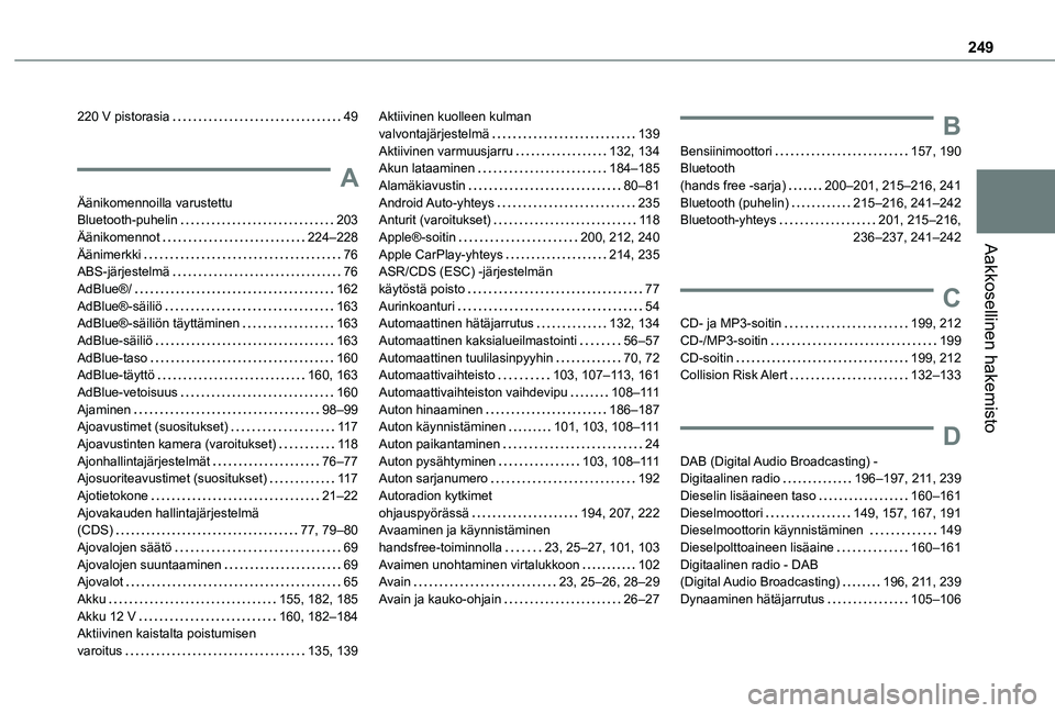 TOYOTA PROACE CITY VERSO 2021  Omistajan Käsikirja (in Finnish) 249
Aakkosellinen hakemisto
220 V pistorasia   49
A
Äänikomennoilla varustettu  Bluetooth-puhelin   203Äänikomennot   224–228Äänimerkki   76ABS-järjestelmä   76AdBlue®/   162AdBlue®-säili