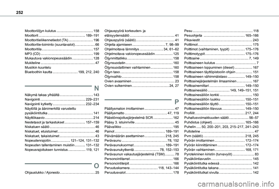 TOYOTA PROACE CITY VERSO 2021  Omistajan Käsikirja (in Finnish) 252
Moottoriöljyn kulutus   158Moottorit   189–191Moottoritieliikennetiedot (TA)   196Moottoritie-toiminto (suuntavalot)   66Moottoritila   157MP3 (CD)   199Mukautuva vakionopeussäädin   128Mukit
