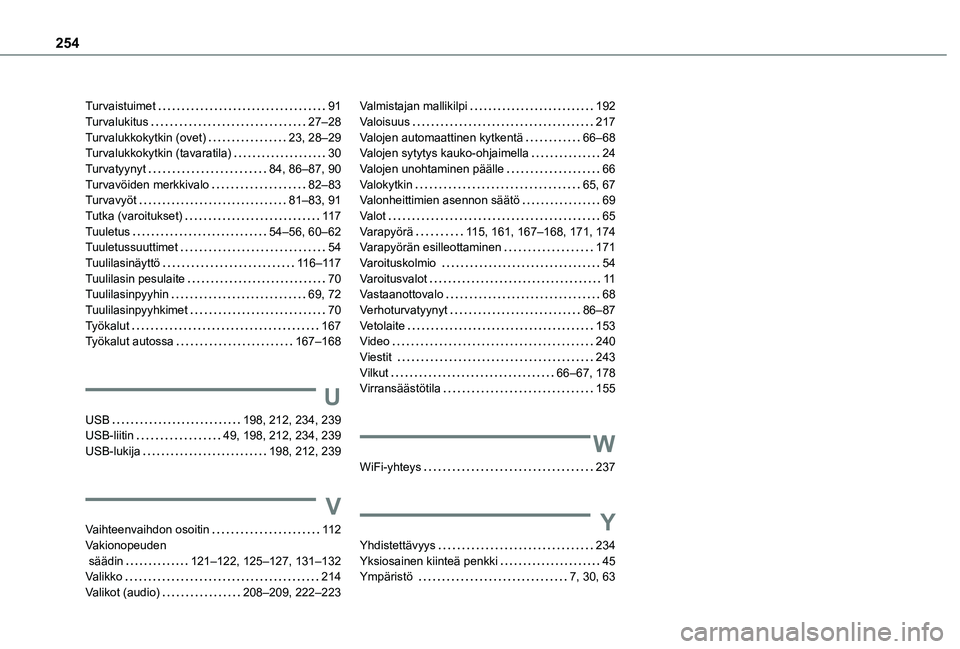 TOYOTA PROACE CITY VERSO 2021  Omistajan Käsikirja (in Finnish) 254
Turvaistuimet   91Turvalukitus   27–28Turvalukkokytkin (ovet)   23, 28–29Turvalukkokytkin (tavaratila)   30Turvatyynyt   84, 86–87, 90Turvavöiden merkkivalo   82–83Turvavyöt   81–83, 9