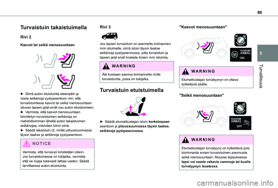 TOYOTA PROACE CITY VERSO 2021  Omistajan Käsikirja (in Finnish) 89
Turvallisuus
5
Turvaistuin takaistuimella
Rivi 2
Kasvot tai selkä menosuuntaan
 
  
 
►  Siirrä auton etuistuinta eteenpäin ja nosta selkänoja pystyasentoon niin, että turvaistui