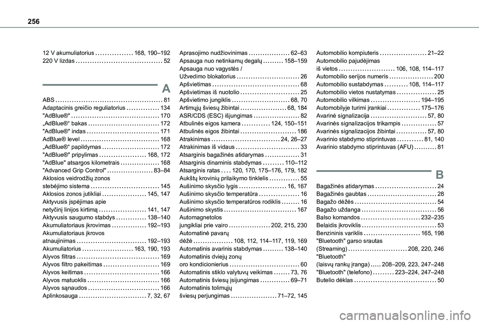 TOYOTA PROACE CITY VERSO 2021  Eksploatavimo vadovas (in Lithuanian) 256
12 V akumuliatorius   168, 190–192220 V lizdas   52
A
ABS   81Adaptacinis greičio reguliatorius   134"AdBlue®"   170„AdBlue®“ bakas   172"AdBlue®" indas   171AdBlue® lev